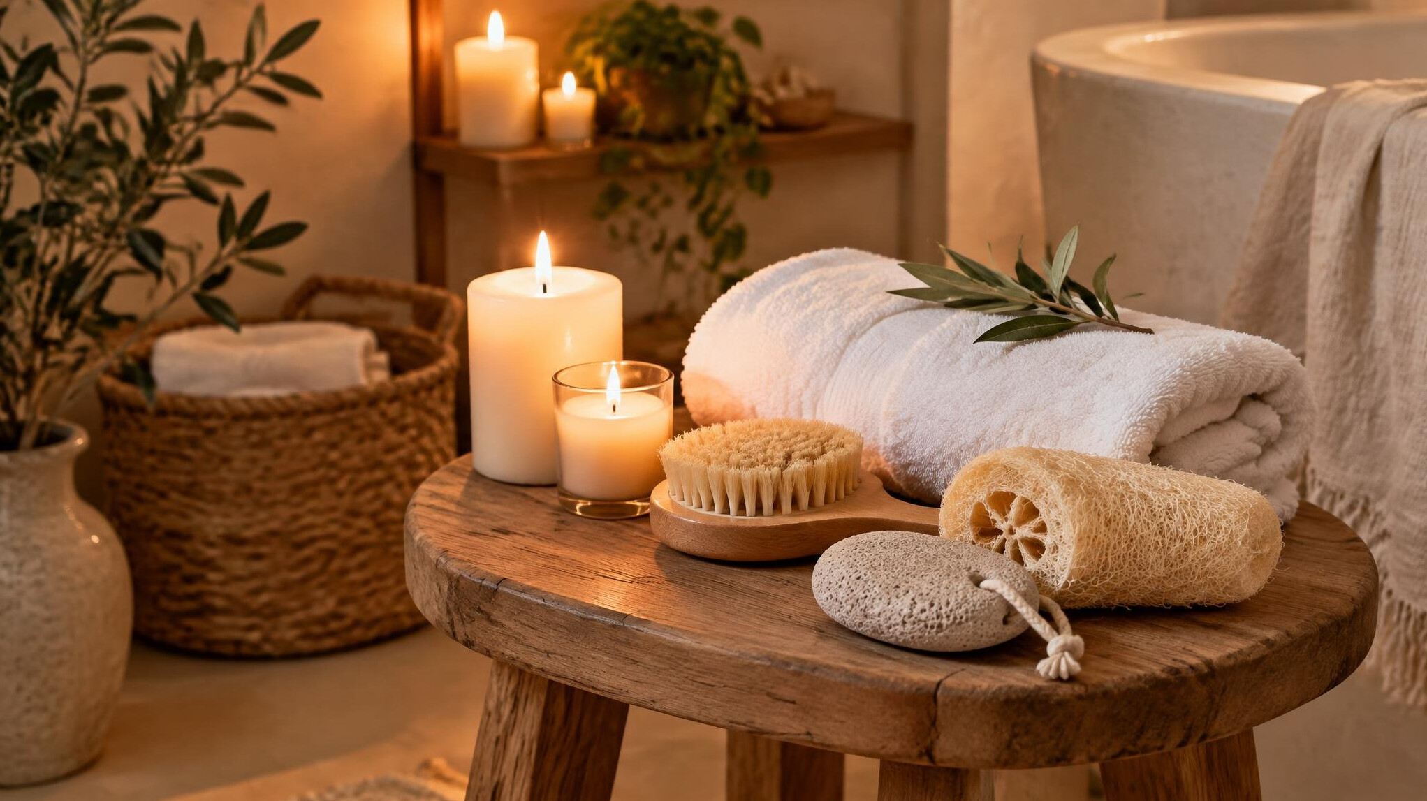 Spa candles and treatment tools in a calm room