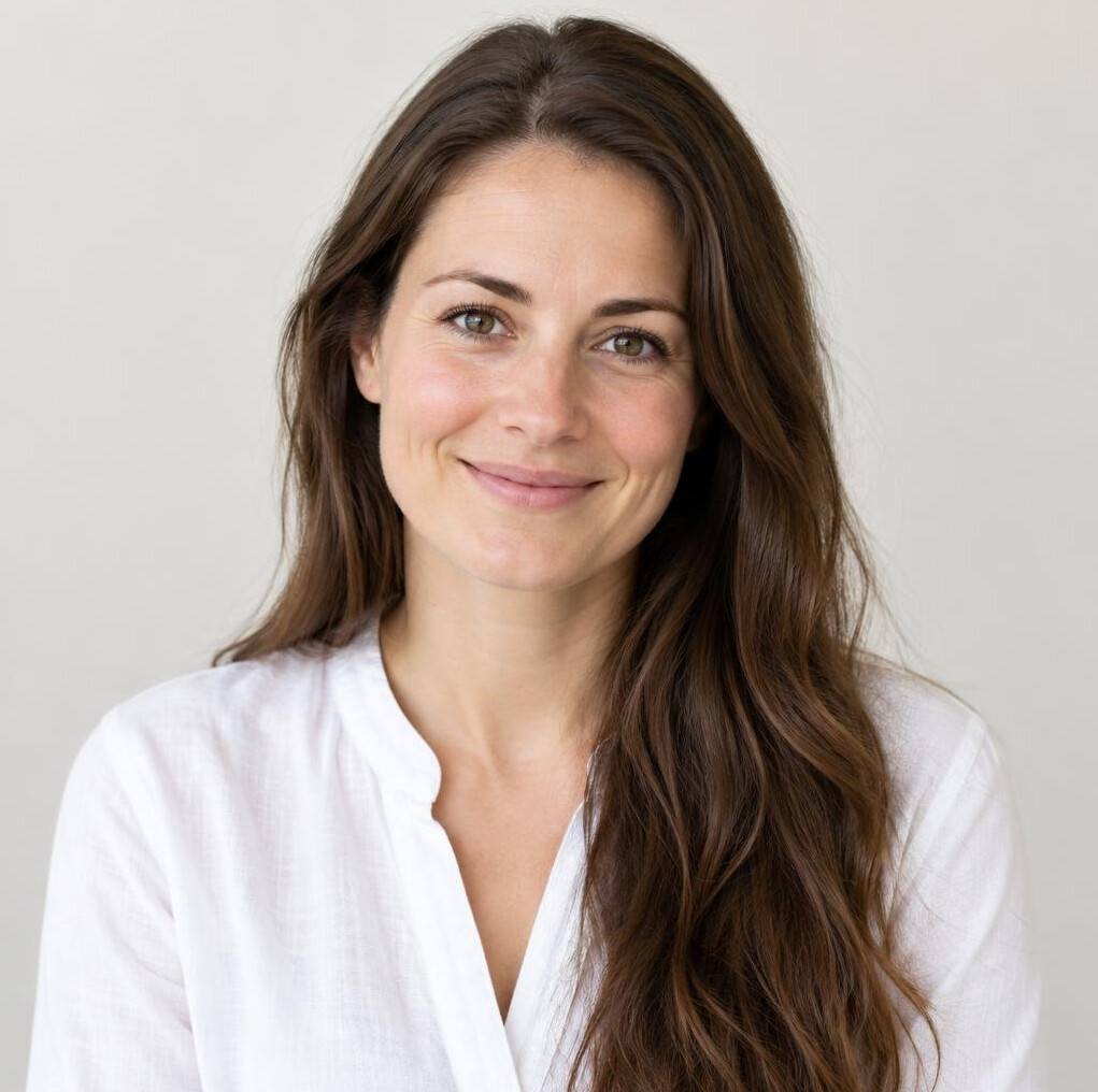 Smiling woman with brown hair in a bright setting