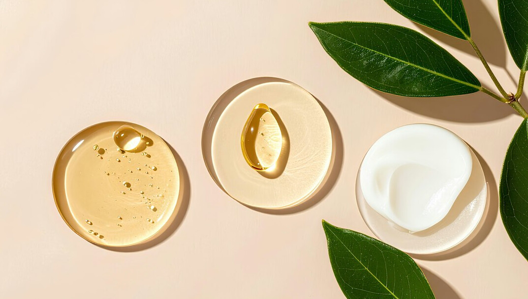 Natural skincare bottles with botanical leaves