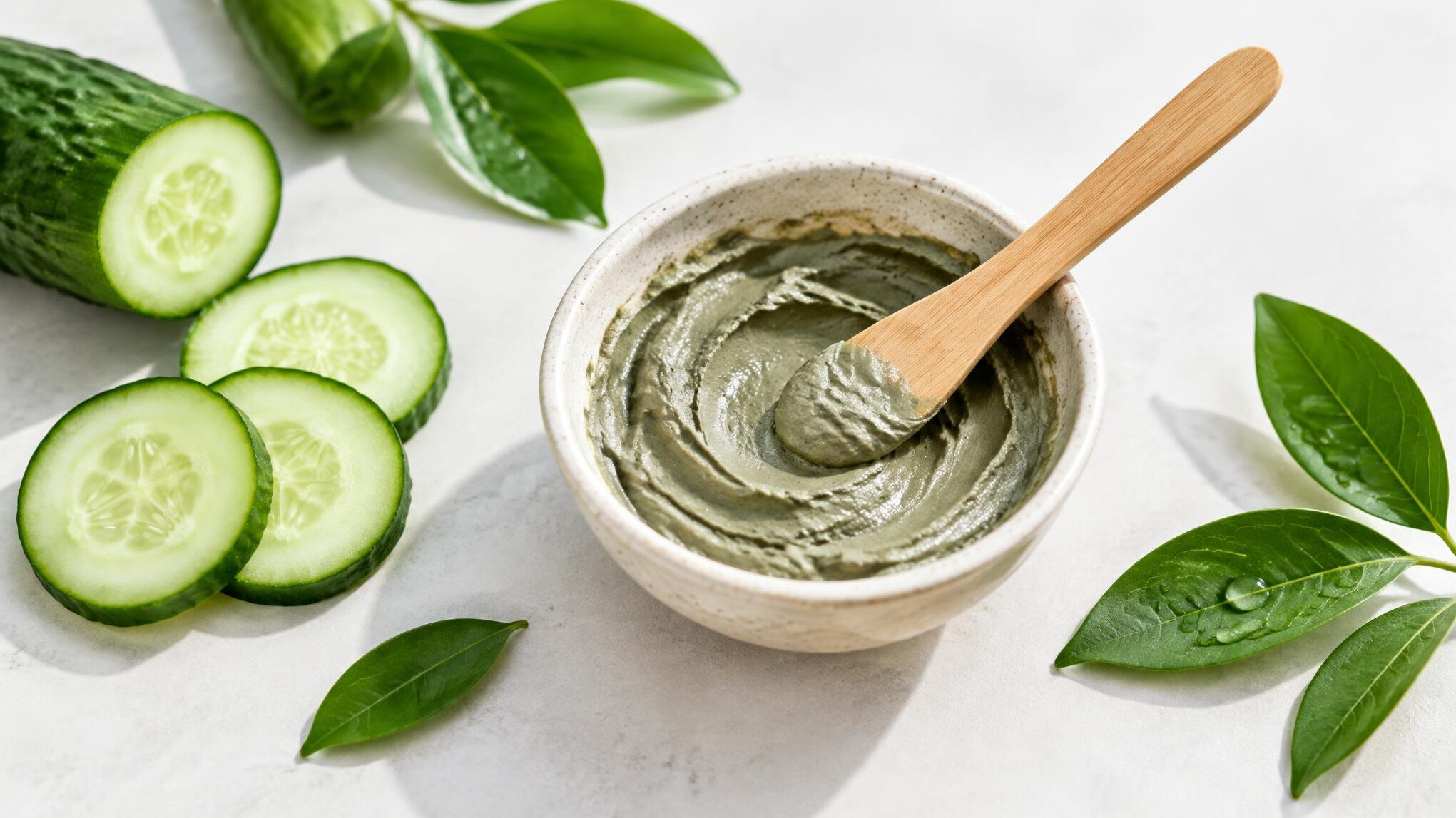 Natural skincare mask and cucumber slices on a clean surface